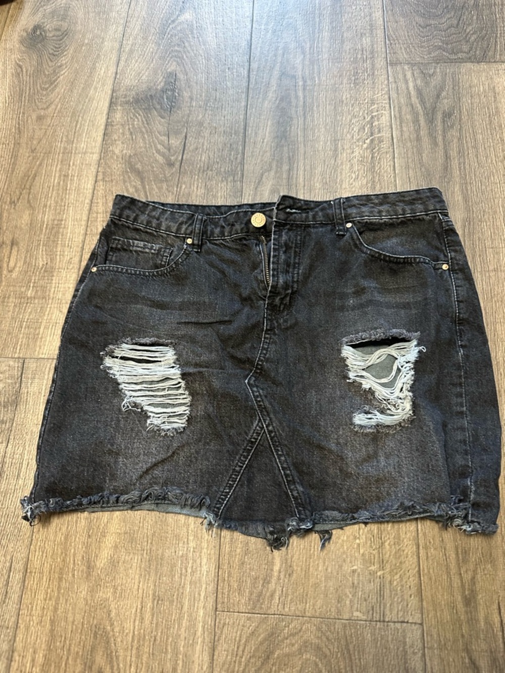 refuge Black Distressed Denim Mini Skirt
